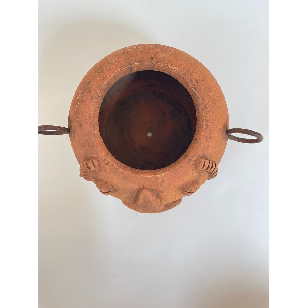 Vintage Terracotta Face Planter Rustic Clay Pot with Metal Ring Handles 6in - Picture 3 of 4